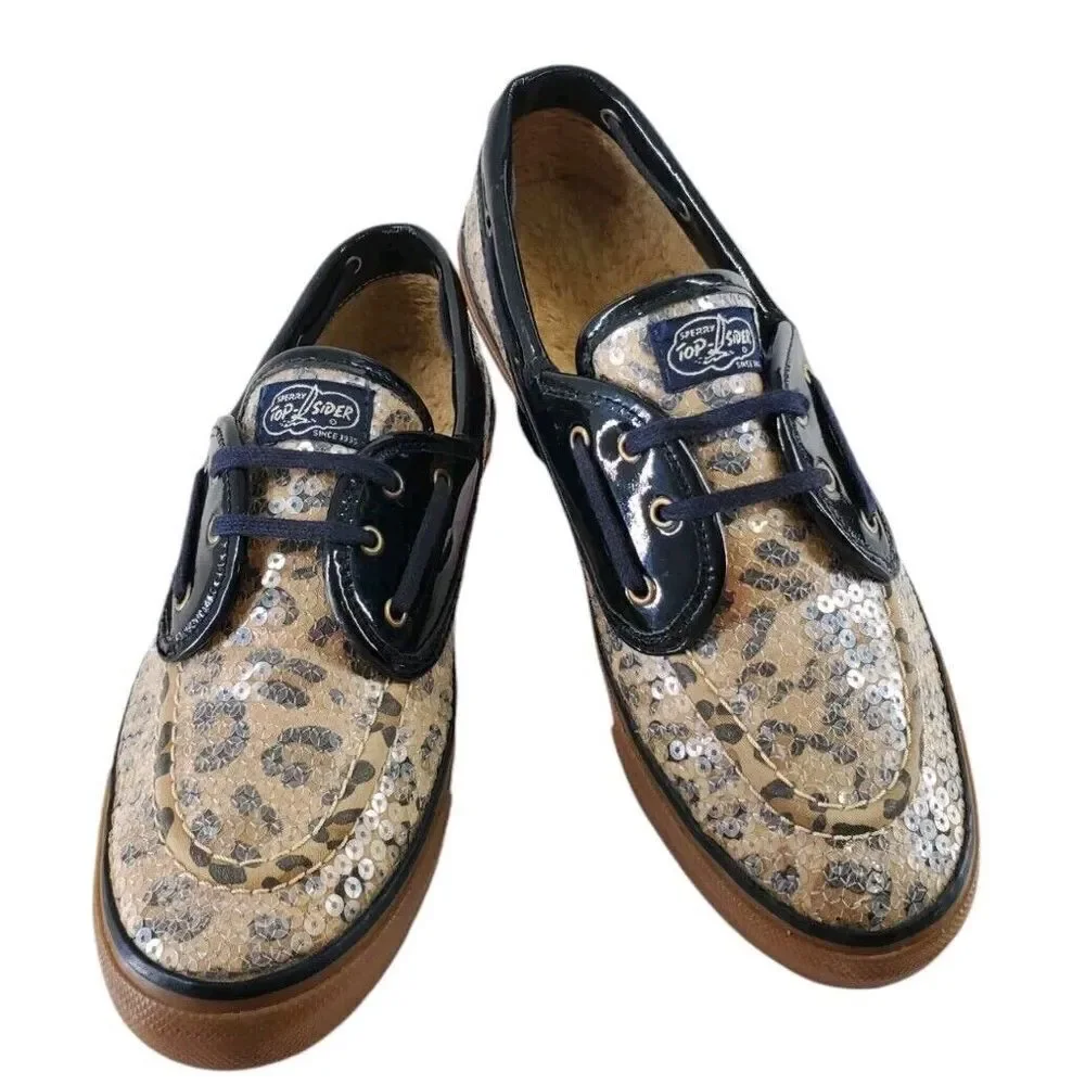 Sperry Topsider Cheetah Print Sequin Leather Sherpa Lined Boat Shoe Womens 9 M